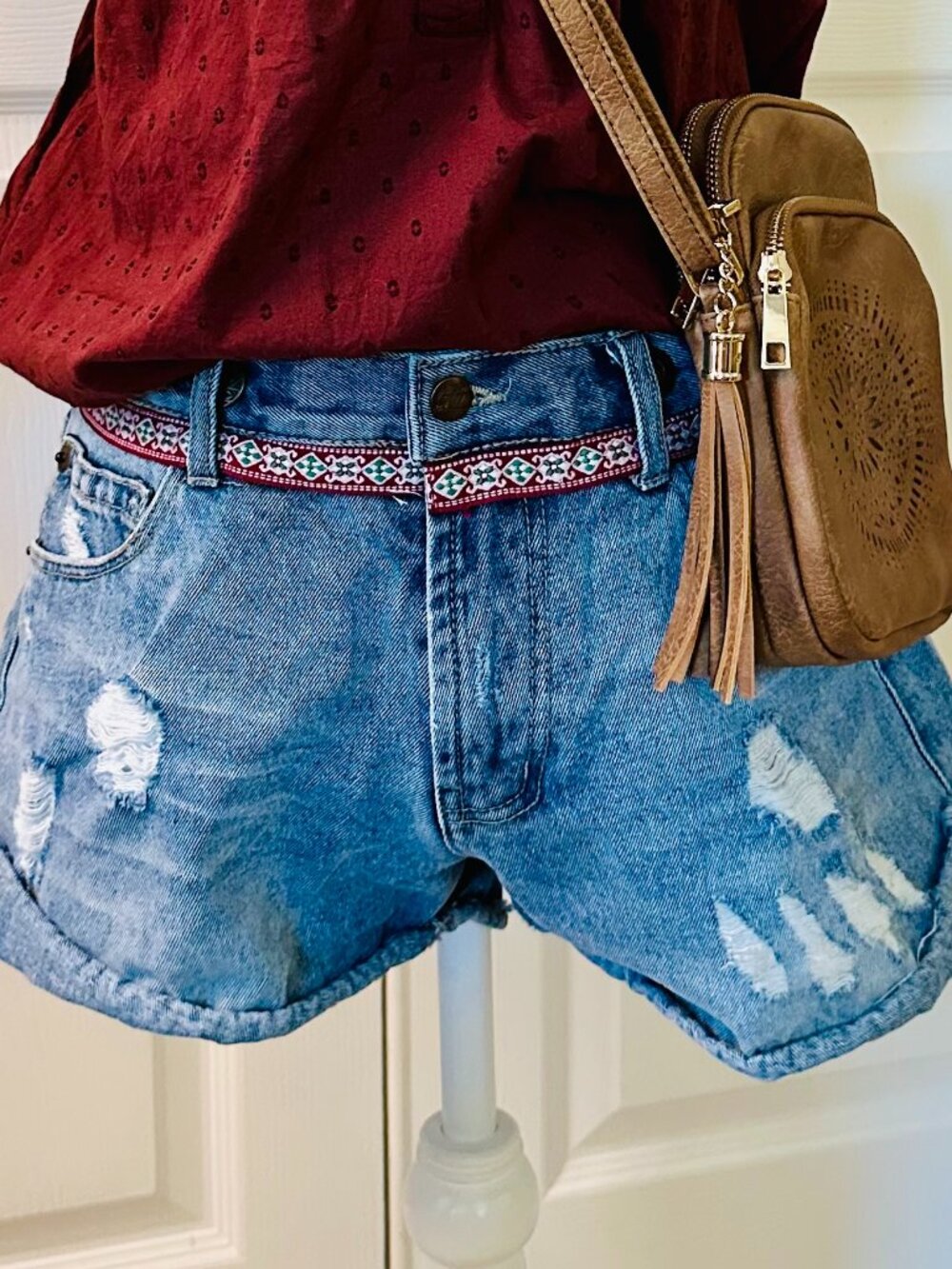 Vintage Havana Distressed Denim Shorts with Embroidered Waistband 27